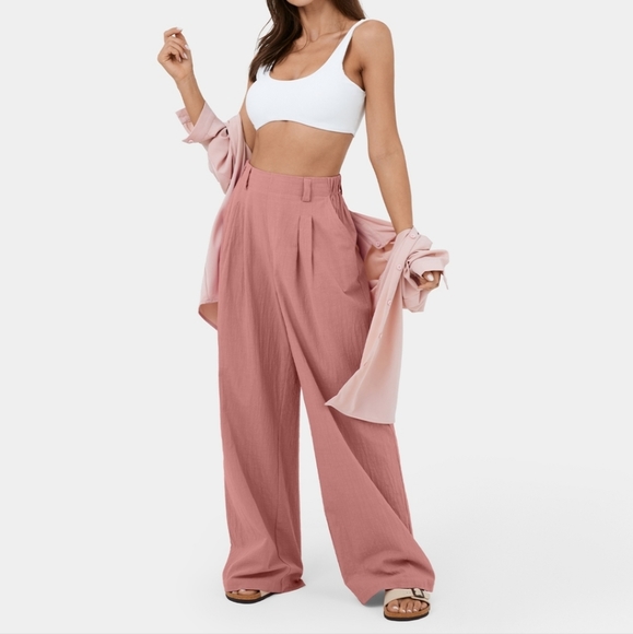 NWT HALARA Plicated Side Pocket Wide Leg Flowy Palazzo Casual Cotton Pant - Picture 3 of 10